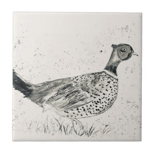 Pheasant bird vintage animal watercolor black ceramic tile