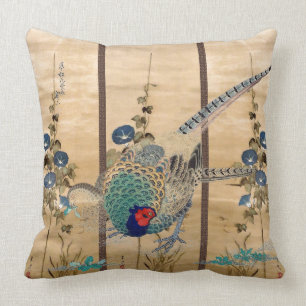 Pheasant Birds Morning Glory Flowers Throw Pillow
