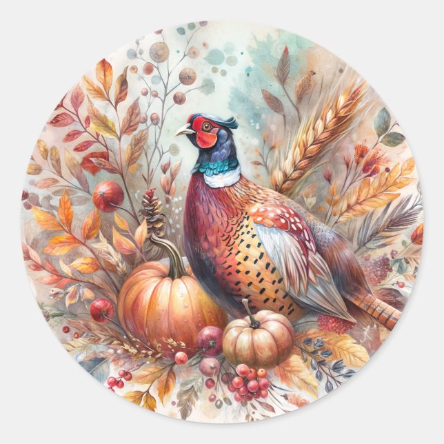 Pheasant Fall Theme with Pumpkins Classic Round Sticker (Front)