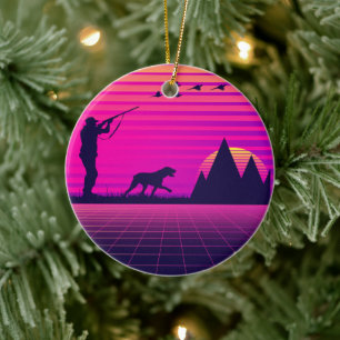Pheasant Hunting Upland Bird Hunter Dog Vaporwave Ceramic Ornament