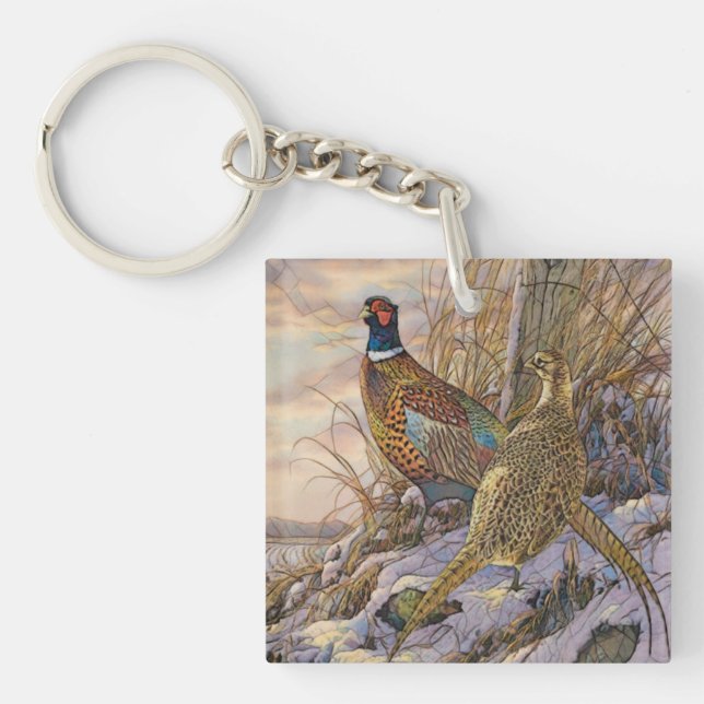 Pheasant Tapestry Poster Triptych Button Key Ring (Front)