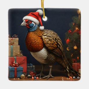 pheasant with christmas tree and presents ceramic ornament