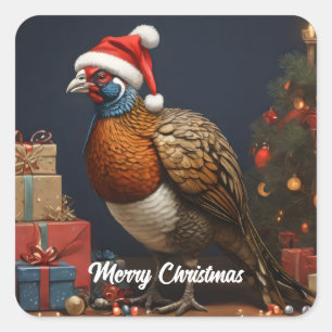 pheasant with christmas tree and presents square sticker