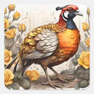Pheasant with yellow roses square sticker