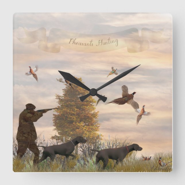 Pheasants Hunting with German Shorthaired  Square Wall Clock (Front)