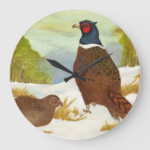 Pheasants in Snow Painting Clock