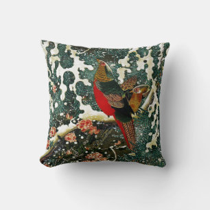 Pheasants in Snow, Pine Tree,Roses,Japanese Floral Cushion