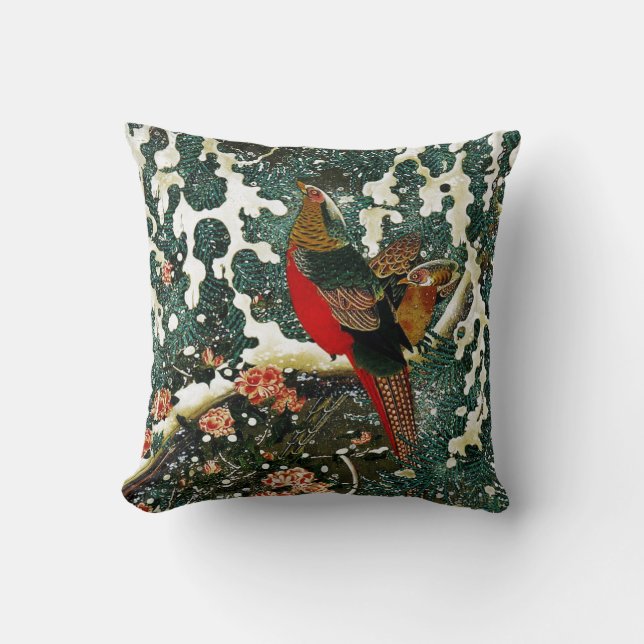 Pheasants in Snow, Pine Tree,Roses,Japanese Floral Cushion (Front)