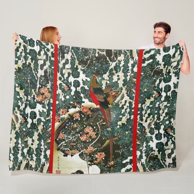 Pheasants in Snow, Pine Tree,Roses,Japanese Floral Fleece Blanket (In Situ)