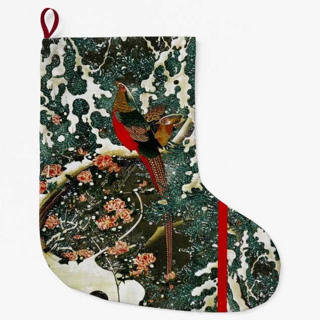 Pheasants in Snow, Pine Tree,Roses,Japanese Floral Large Christmas Stocking (Front)