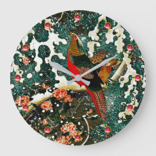 Pheasants in Snow, Pine Tree,Roses,Japanese Floral Large Clock