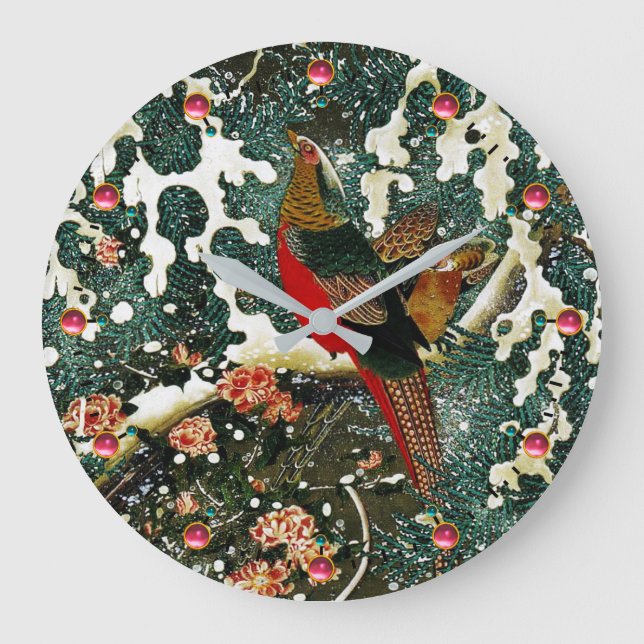 Pheasants in Snow, Pine Tree,Roses,Japanese Floral Large Clock (Front)