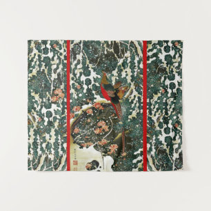 Pheasants in Snow, Pine Tree,Roses,Japanese Floral Tapestry
