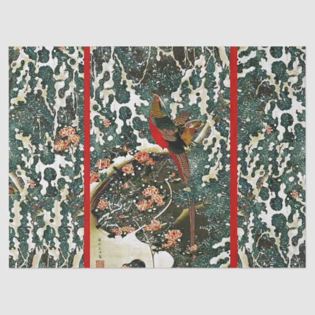 Pheasants in Snow, Pine Tree,Roses,Japanese Floral Tissue Paper (Front)