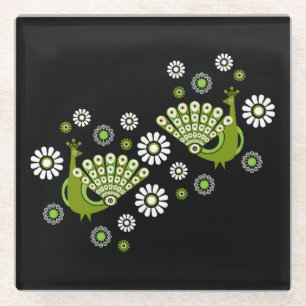 Pheasants Peacock Art Glass Coaster