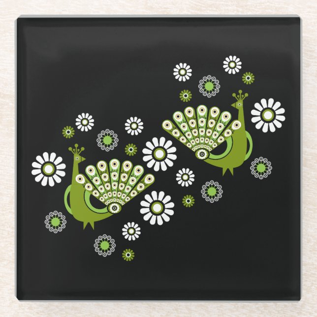  Pheasants Peacock Art Glass Coaster (Front)