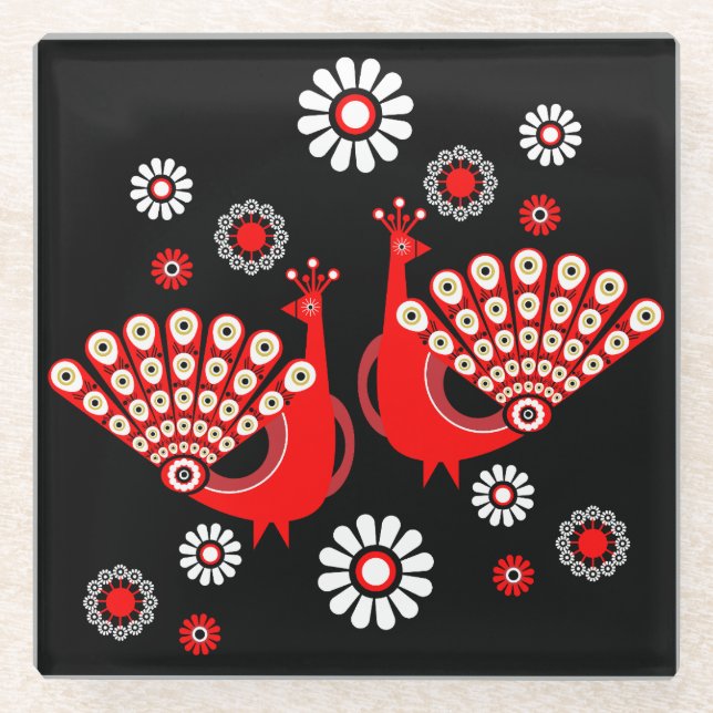  Pheasants Peacock Art Glass Coaster (Front)