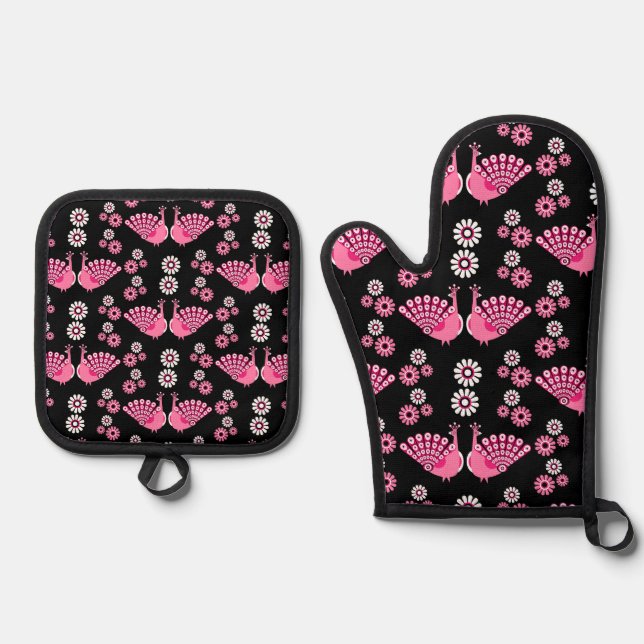  Pheasants Peacock Art Oven Mitt & Pot Holder Set (Front)