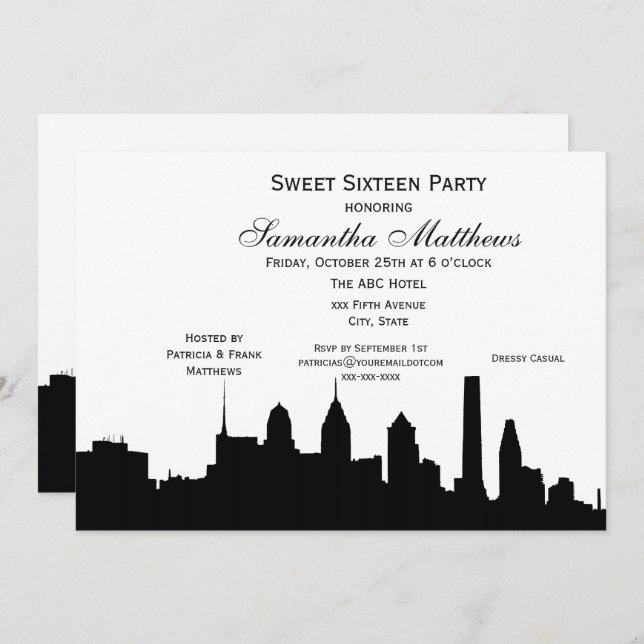 Philadelphia Black Skyline Silhouette Sweet 16 Invitation (Front/Back)