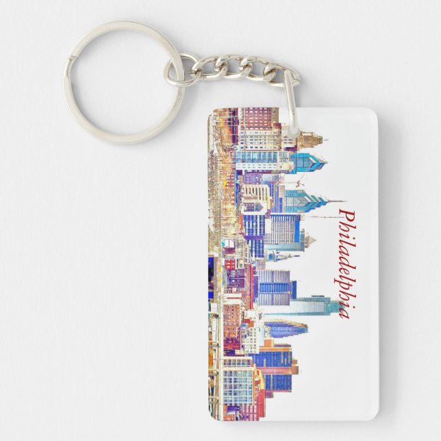 Philadelphia Colour Sketch Skyline Rectangle Key Ring (Front)