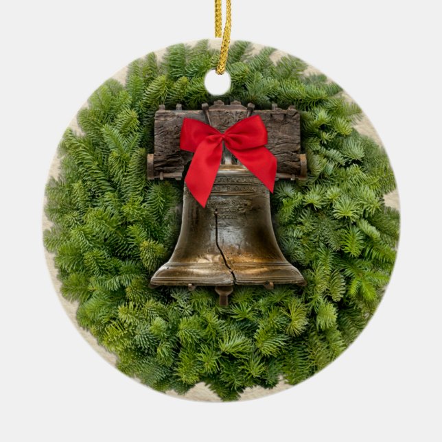 Philadelphia Liberty Bell Wreath on Parchment Ceramic Tree Decoration (Front)