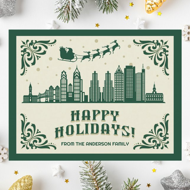 Philadelphia PA Skyline Happy Holidays Postcard (Happy Holidays Philadelphia, PA skyline cityscape christmas postcard customizable real estate Santa )