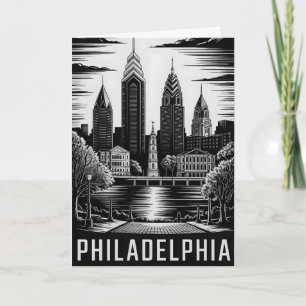 Philadelphia Pennsylvania Black White Woodcut Card