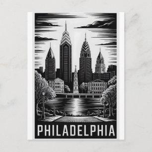 Philadelphia Pennsylvania Black White Woodcut Postcard