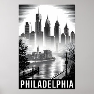 Philadelphia Pennsylvania Black White Woodcut Poster