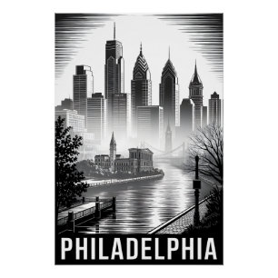 Philadelphia Pennsylvania Black White Woodcut Poster