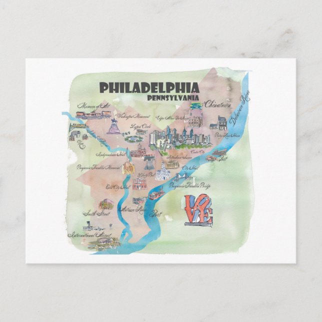 Philadelphia Pennsylvania Retro Vintage Art Map Postcard (Front)