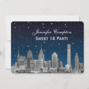 Philadelphia Skyline Etch Blue Starry Sweet 16 H Invitation