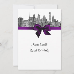 Philadelphia Skyline Etch BW Purpl V Sweet Sixteen Invitation