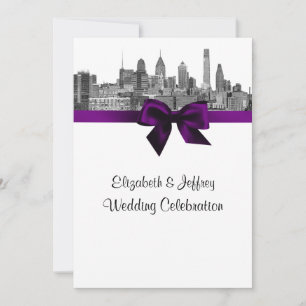 Philadelphia Skyline Etch BW Purple V Wedding Invitation