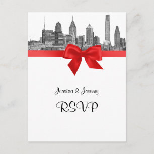 Philadelphia Skyline Etch BW Red RSVP 1 Invitation Postcard