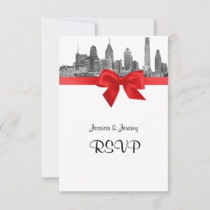 Philadelphia Skyline Etch BW Red RSVP #2 Card