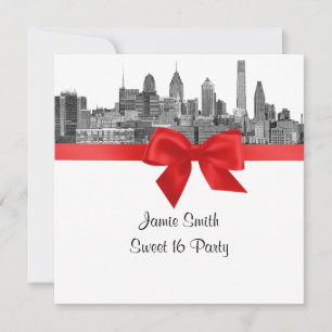 Philadelphia Skyline Etch BW Red Sweet Sixteen SQ Invitation