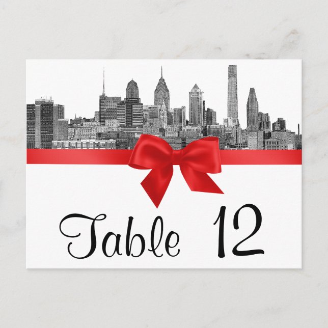 Philadelphia Skyline Etch BW Red Table Number Postcard (Front)