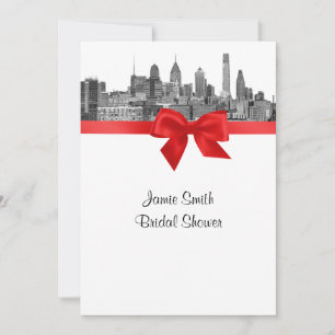 Philadelphia Skyline Etch BW Red V Bridal Shower Invitation