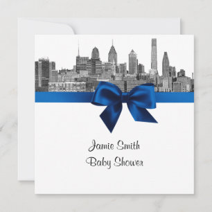 Philadelphia Skyline Etch BW Royal Blu Baby Shower Invitation