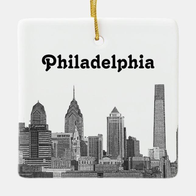 Philadelphia Skyline Etched Ceramic Tree Decoration (Front)