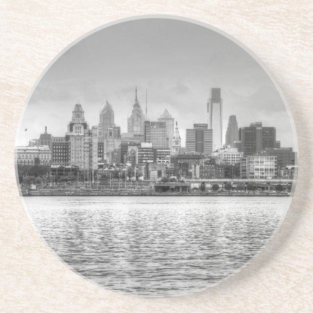 Philadelphia skyline in black and white coaster (Front)