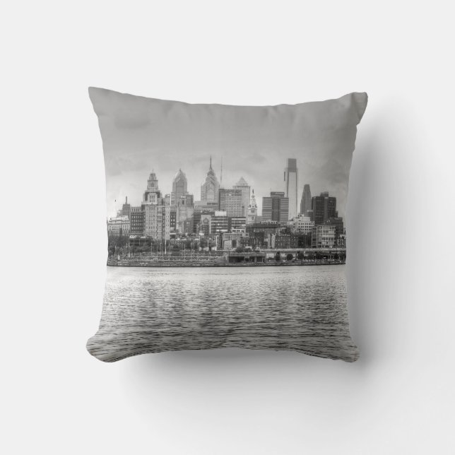 Philadelphia skyline in black and white cushion (Front)