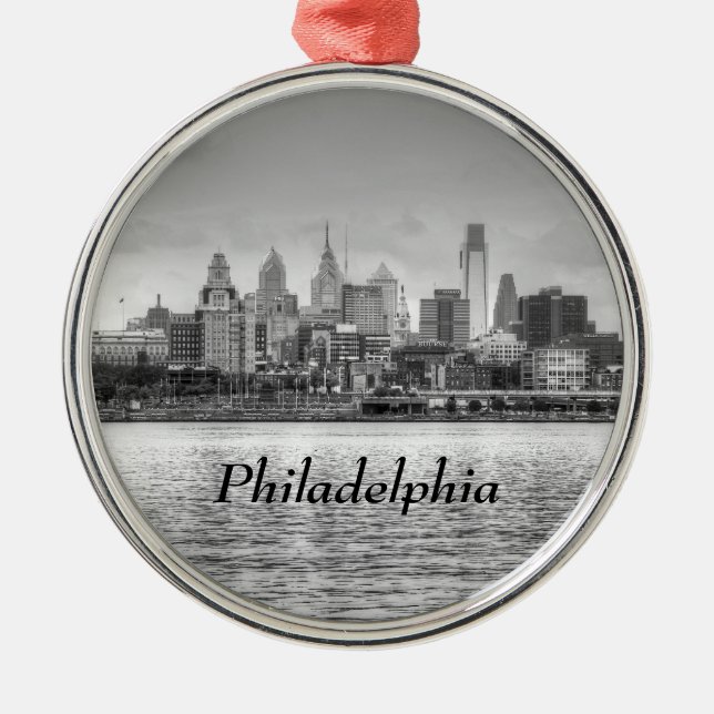 Philadelphia skyline in black and white metal ornament (Front)