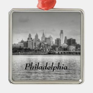 Philadelphia skyline in black and white metal ornament