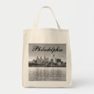 Philadelphia skyline in black and white tote bag