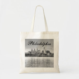 Philadelphia skyline in black and white tote bag
