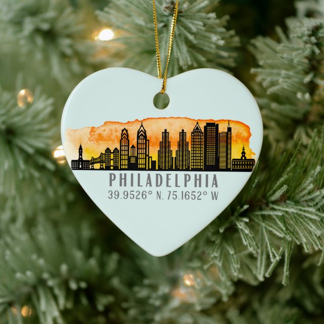Philadelphia Skyline Map Coordinates Personalised Ceramic Ornament (Tree)