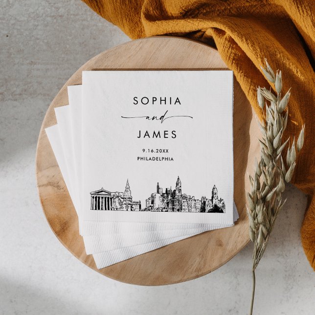 Philadelphia Skyline Modern Wedding Cocktail Napkin (Creator Uploaded)