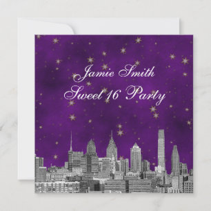 Philadelphia Skyline Purple Gold Star Sweet 16 Invitation